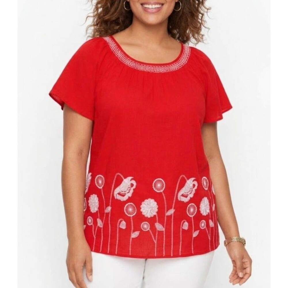NWOT Talbots Plus Size 2X Blouse 100% Cotton Gauze Red Flower Cottagecore